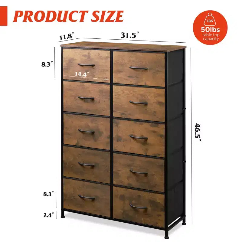 Tall Dresser with 10 Fabric Drawers, Storage Tower with Cabinet, Metal Frame, Organizer Units for Closet