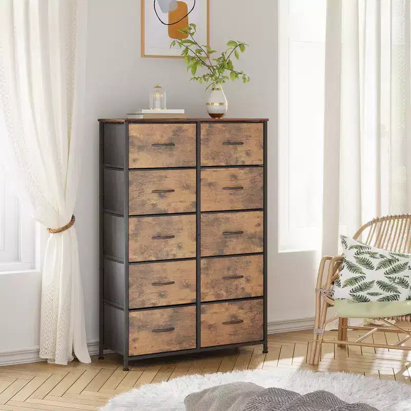 Tall Dresser with 10 Fabric Drawers, Storage Tower with Cabinet, Metal Frame, Organizer Units for Closet