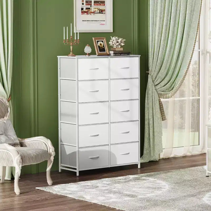 Tall Dresser with 10 Fabric Drawers, Storage Tower with Cabinet, Metal Frame, Organizer Units for Closet