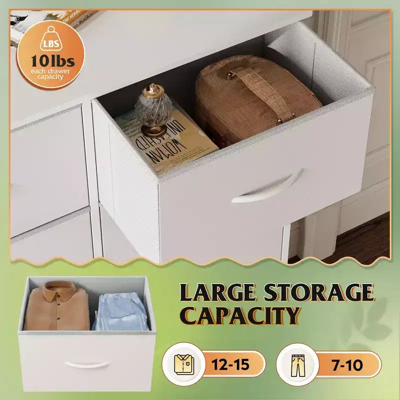Tall Dresser with 10 Fabric Drawers, Storage Tower with Cabinet, Metal Frame, Organizer Units for Closet