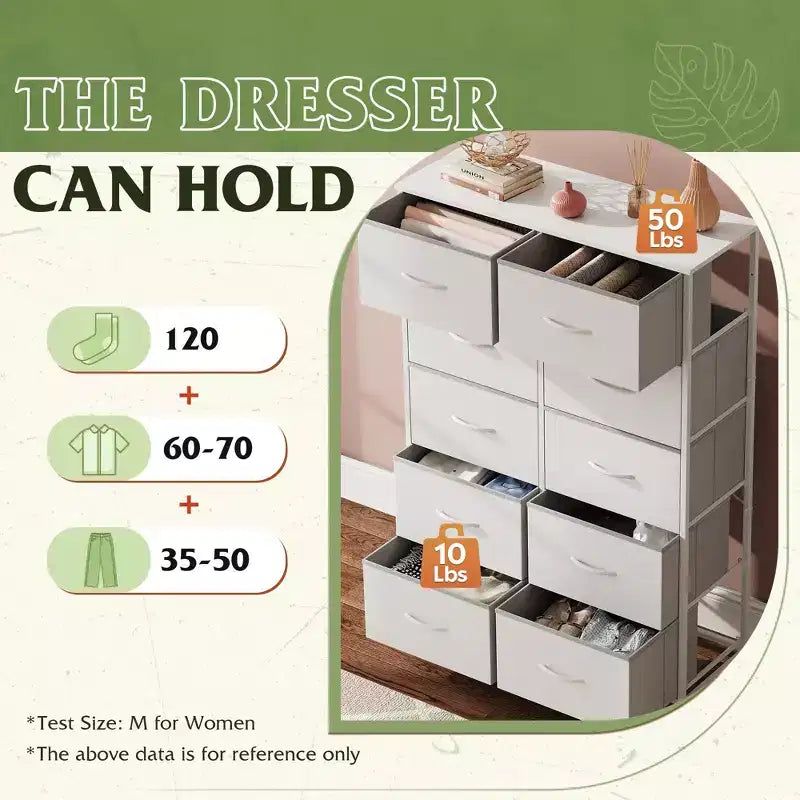 Tall Dresser with 10 Fabric Drawers, Storage Tower with Cabinet, Metal Frame, Organizer Units for Closet