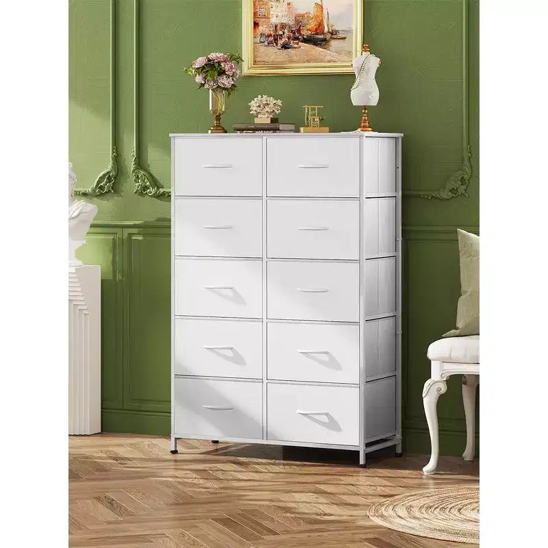 Tall Dresser with 10 Fabric Drawers, Storage Tower with Cabinet, Metal Frame, Organizer Units for Closet