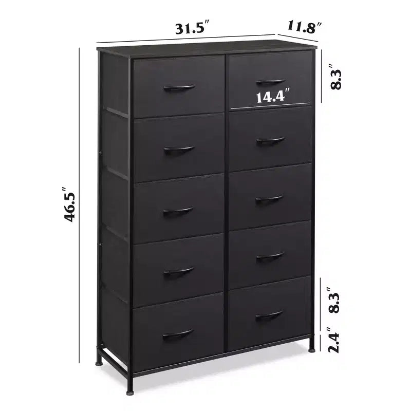 Tall Dresser with 10 Fabric Drawers, Storage Tower with Cabinet, Metal Frame, Organizer Units for Closet