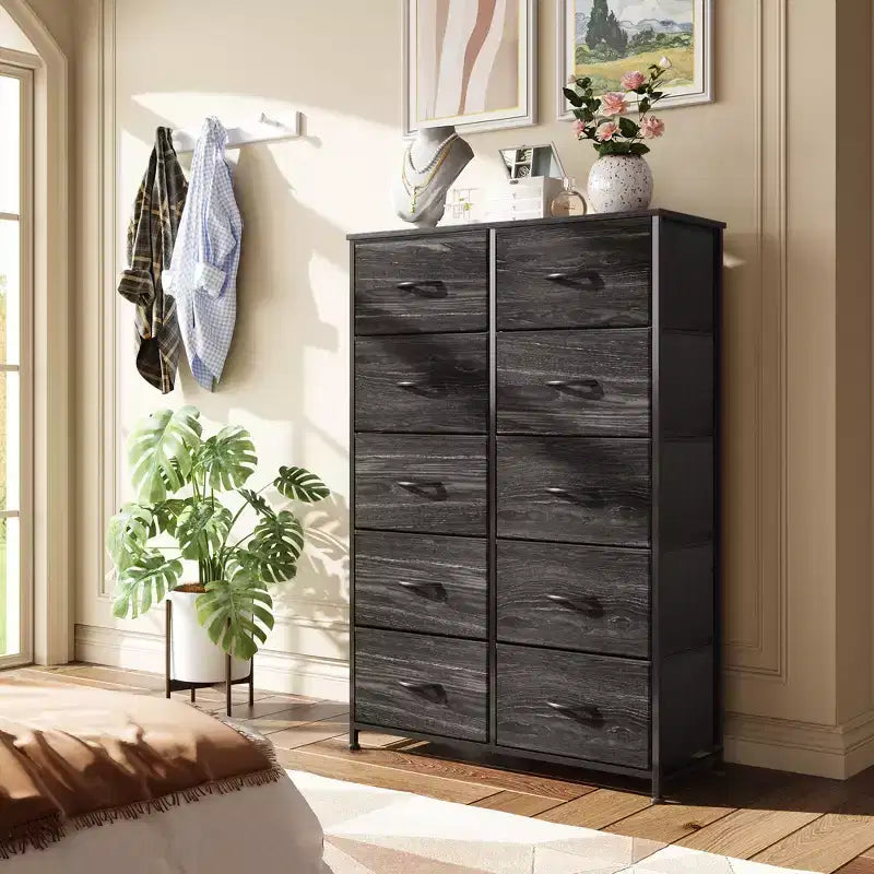 Tall Dresser with 10 Fabric Drawers, Storage Tower with Cabinet, Metal Frame, Organizer Units for Closet