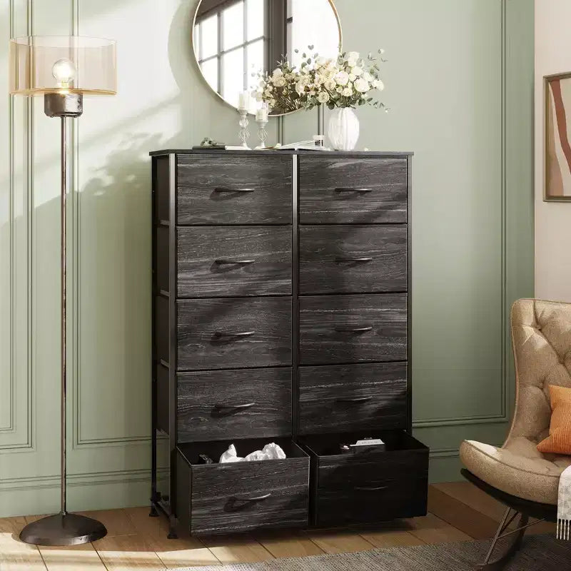 Tall Dresser with 10 Fabric Drawers, Storage Tower with Cabinet, Metal Frame, Organizer Units for Closet
