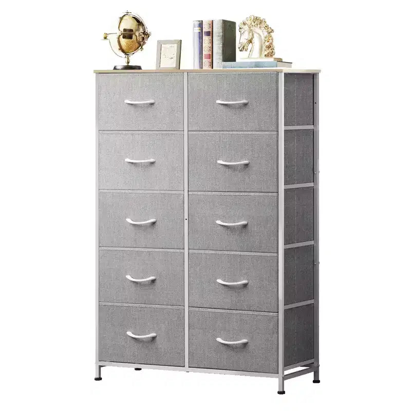 Tall Dresser with 10 Fabric Drawers, Storage Tower with Cabinet, Metal Frame, Organizer Units for Closet