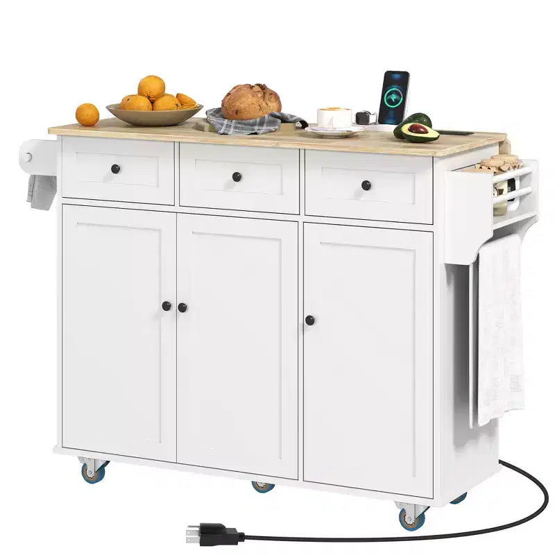 HOMCOM Rolling Kitchen Island with Charging Station and Drop Leaf, 53 Kitchen Island Table with Wood Top, 3 Drawers, Adjustable Shelf