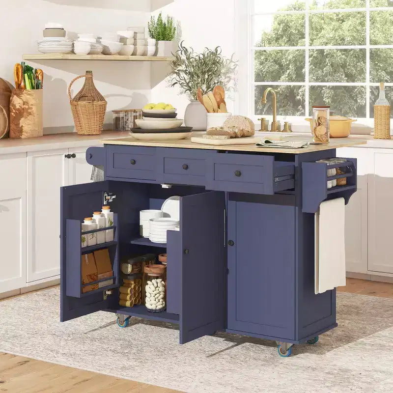 HOMCOM Rolling Kitchen Island with Charging Station and Drop Leaf, 53 Kitchen Island Table with Wood Top, 3 Drawers, Adjustable Shelf