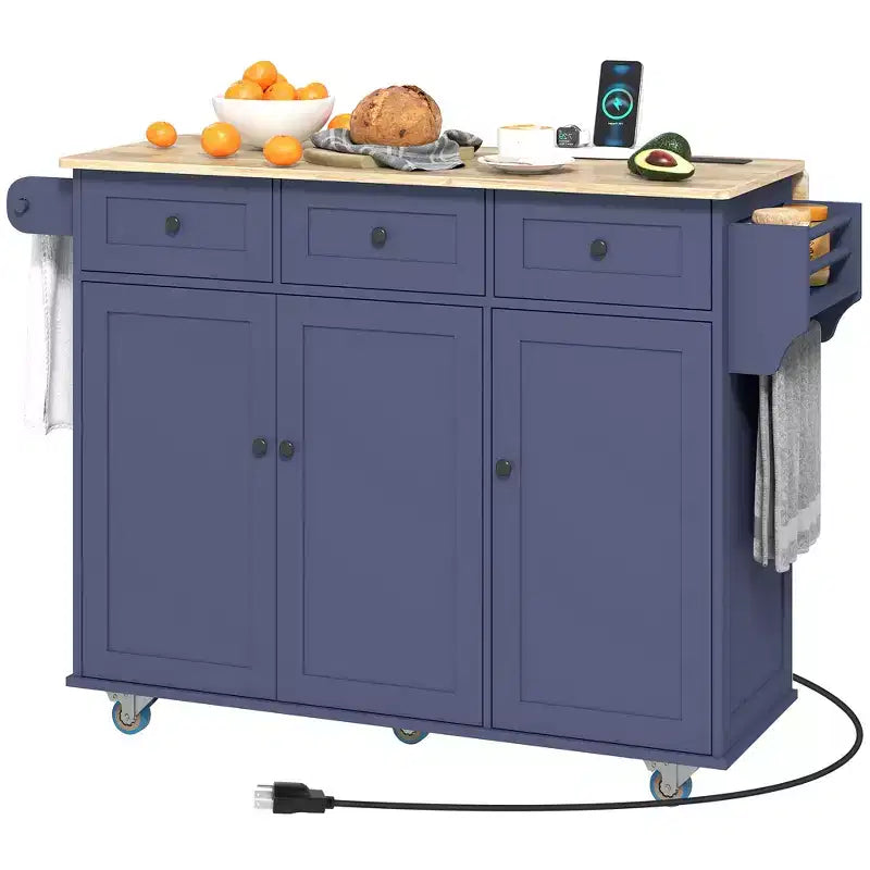 HOMCOM Rolling Kitchen Island with Charging Station and Drop Leaf, 53 Kitchen Island Table with Wood Top, 3 Drawers, Adjustable Shelf