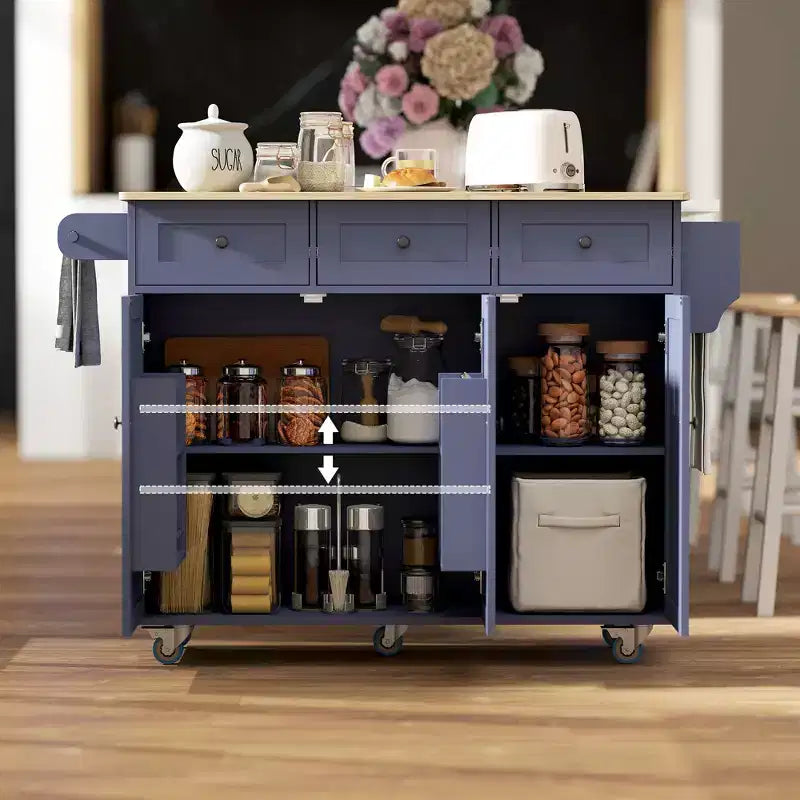 HOMCOM Rolling Kitchen Island with Charging Station and Drop Leaf, 53 Kitchen Island Table with Wood Top, 3 Drawers, Adjustable Shelf
