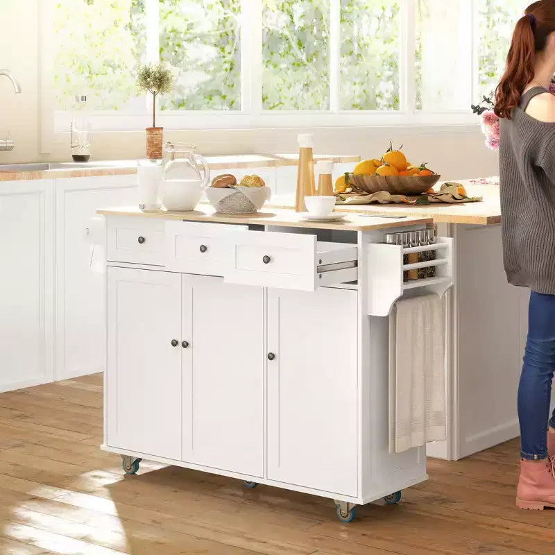 HOMCOM Rolling Kitchen Island with Charging Station and Drop Leaf, 53 Kitchen Island Table with Wood Top, 3 Drawers, Adjustable Shelf