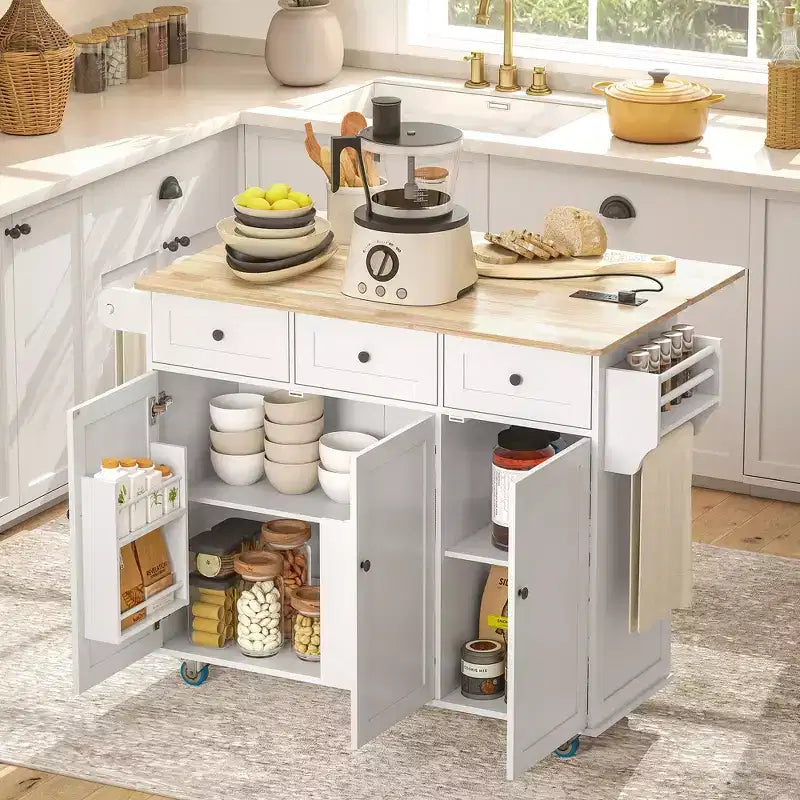 HOMCOM Rolling Kitchen Island with Charging Station and Drop Leaf, 53 Kitchen Island Table with Wood Top, 3 Drawers, Adjustable Shelf