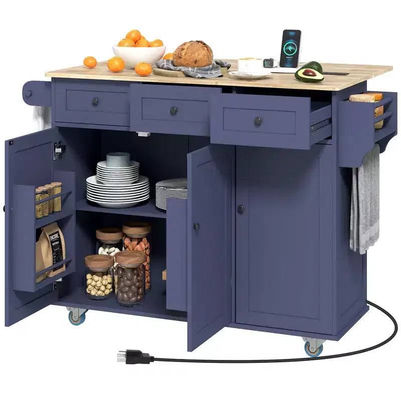 HOMCOM Rolling Kitchen Island with Charging Station and Drop Leaf, 53 Kitchen Island Table with Wood Top, 3 Drawers, Adjustable Shelf