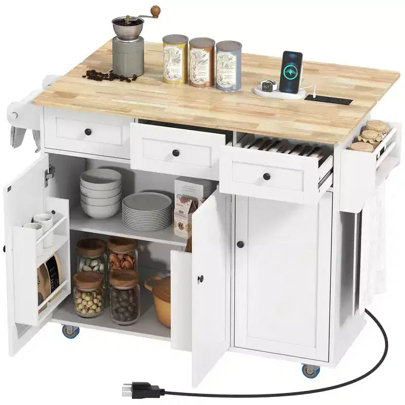 HOMCOM Rolling Kitchen Island with Charging Station and Drop Leaf, 53 Kitchen Island Table with Wood Top, 3 Drawers, Adjustable Shelf