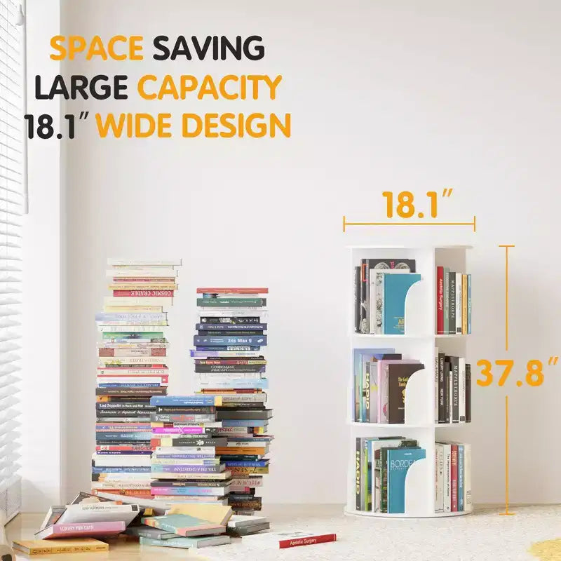 Rotating Bookshelf, Vertical 360 Spinning Shelf Organizer, Space-Saving Round Tower, White-SpaceAid