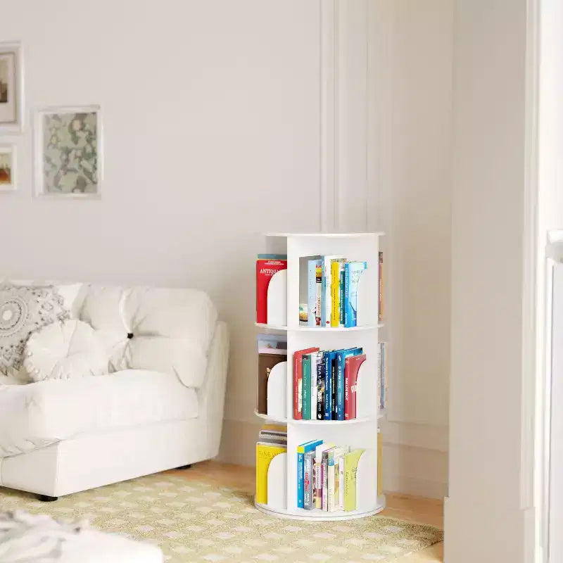 Rotating Bookshelf, Vertical 360 Spinning Shelf Organizer, Space-Saving Round Tower, White-SpaceAid