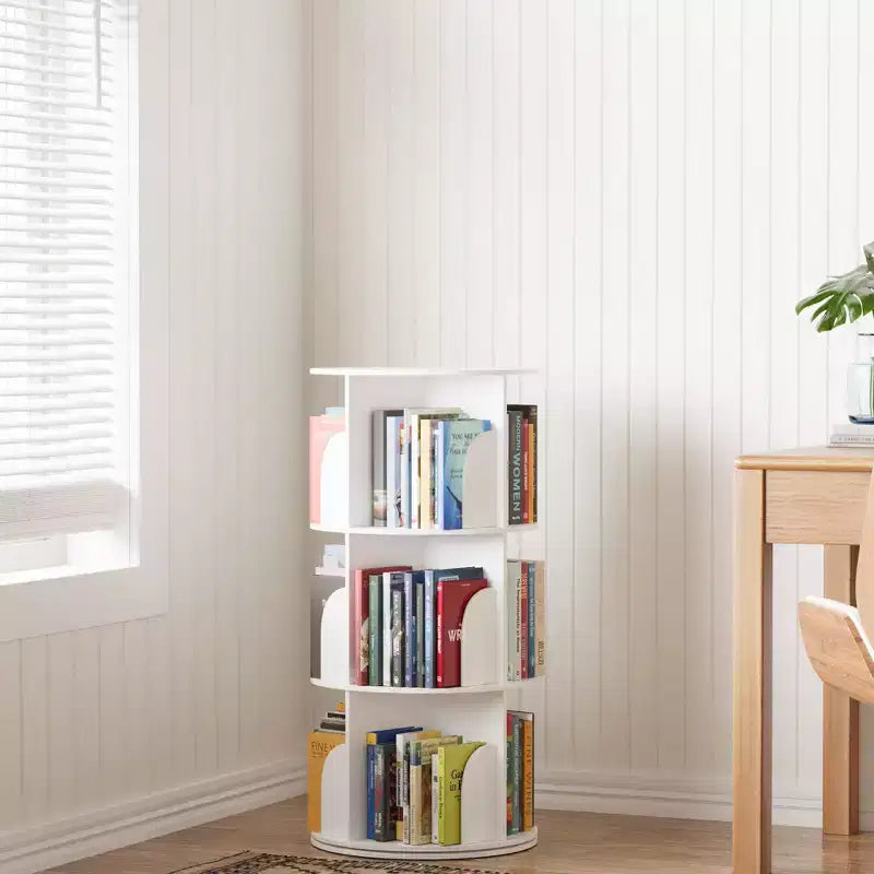 Rotating Bookshelf, Vertical 360 Spinning Shelf Organizer, Space-Saving Round Tower, White-SpaceAid