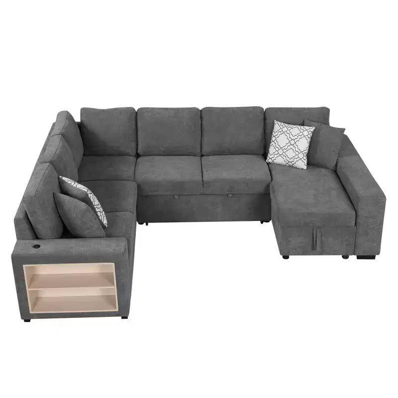 109 U-Shaped Sectional Sleeper Sofa with USB Ports, Storage Chaise & 4 Pillows - Convertible Sofa Bed for Living Room