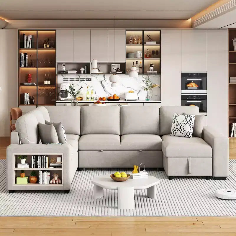 109 U-Shaped Sectional Sleeper Sofa with USB Ports, Storage Chaise & 4 Pillows - Convertible Sofa Bed for Living Room