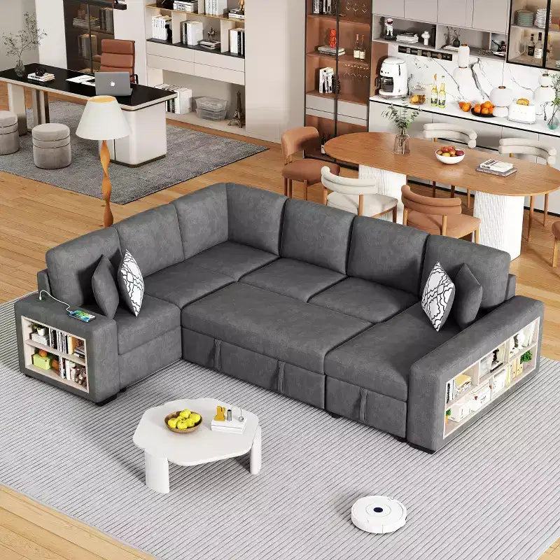 109 U-Shaped Sectional Sleeper Sofa with USB Ports, Storage Chaise & 4 Pillows - Convertible Sofa Bed for Living Room
