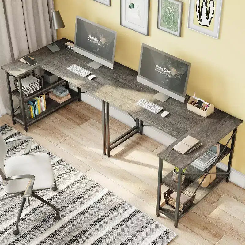 Bestier Small L Shaped Computer Desk with Storage Shelves, 47 Inch Corner Work Desk Writing Study Table Home Office Workstation for Small Space