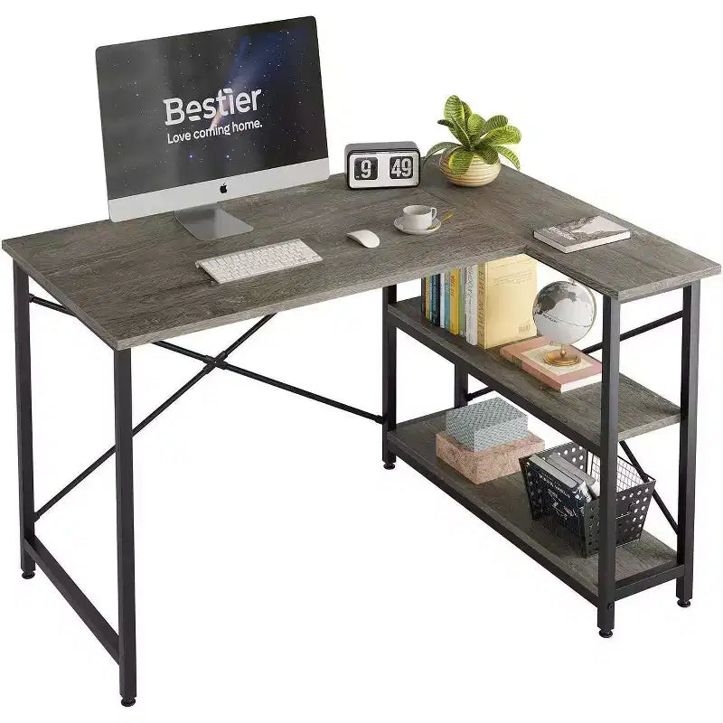 Bestier Small L Shaped Computer Desk with Storage Shelves, 47 Inch Corner Work Desk Writing Study Table Home Office Workstation for Small Space