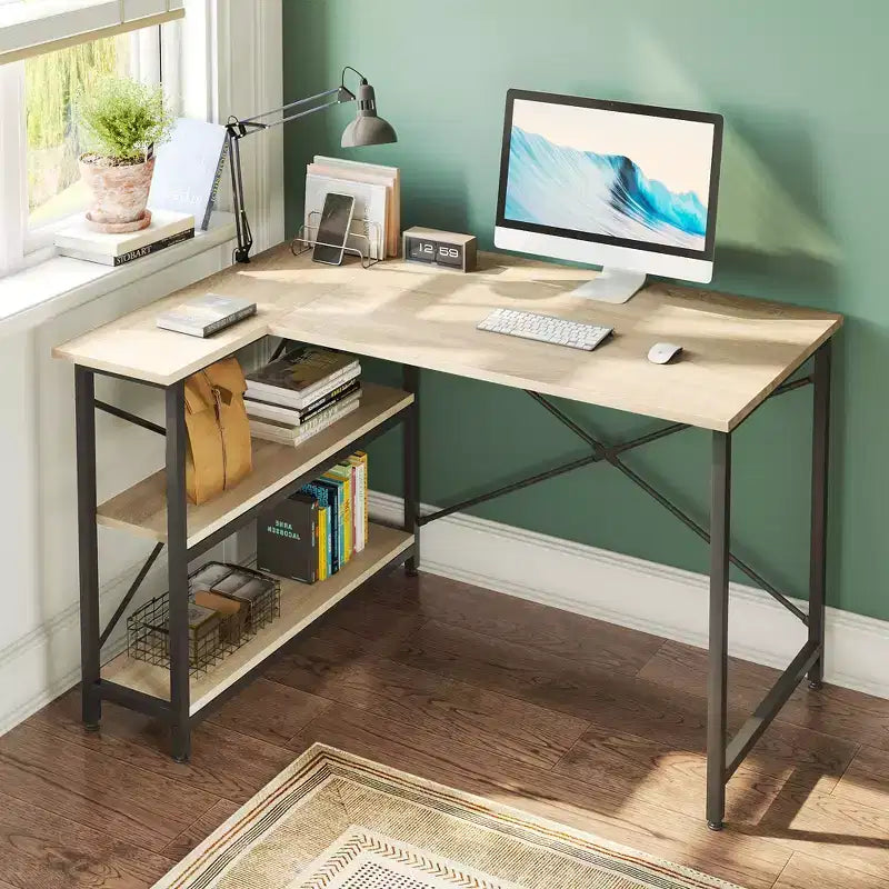 Bestier Small L Shaped Computer Desk with Storage Shelves, 47 Inch Corner Work Desk Writing Study Table Home Office Workstation for Small Space