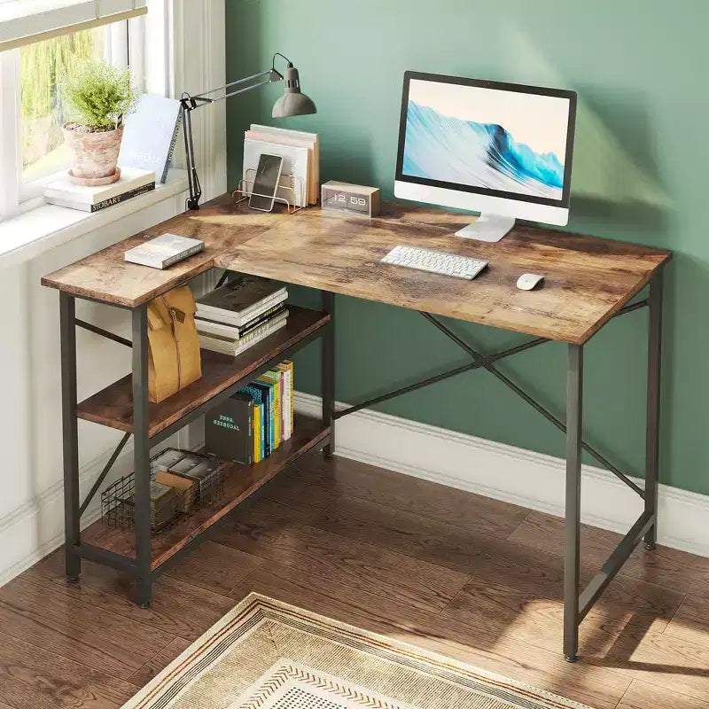 Bestier Small L Shaped Computer Desk with Storage Shelves, 47 Inch Corner Work Desk Writing Study Table Home Office Workstation for Small Space