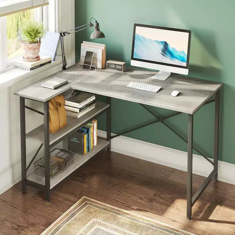 Bestier Small L Shaped Computer Desk with Storage Shelves, 47 Inch Corner Work Desk Writing Study Table Home Office Workstation for Small Space