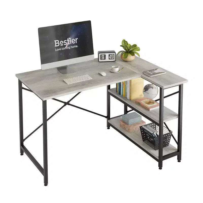 Bestier Small L Shaped Computer Desk with Storage Shelves, 47 Inch Corner Work Desk Writing Study Table Home Office Workstation for Small Space