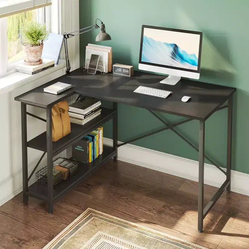 Bestier Small L Shaped Computer Desk with Storage Shelves, 47 Inch Corner Work Desk Writing Study Table Home Office Workstation for Small Space