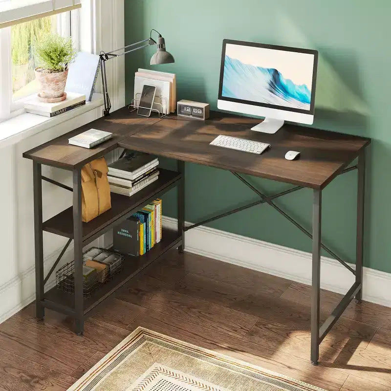 Bestier Small L Shaped Computer Desk with Storage Shelves, 47 Inch Corner Work Desk Writing Study Table Home Office Workstation for Small Space