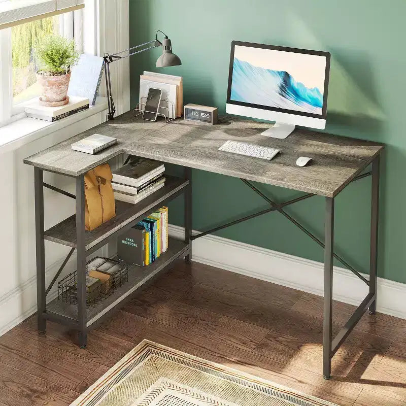 Bestier Small L Shaped Computer Desk with Storage Shelves, 47 Inch Corner Work Desk Writing Study Table Home Office Workstation for Small Space