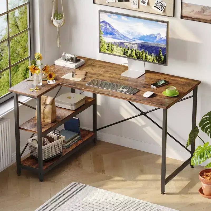Bestier Small L Shaped Computer Desk with Storage Shelves, 47 Inch Corner Work Desk Writing Study Table Home Office Workstation for Small Space