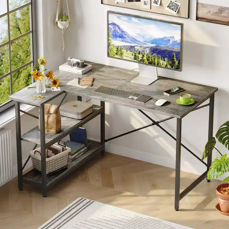 Bestier Small L Shaped Computer Desk with Storage Shelves, 47 Inch Corner Work Desk Writing Study Table Home Office Workstation for Small Space