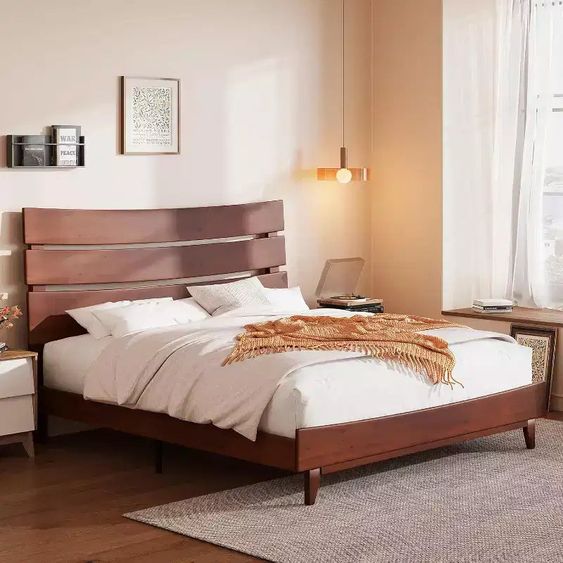 AMERLIFE Solid Wood Bed Frame with Headboard, No Box Spring Needed, Easy Assembly