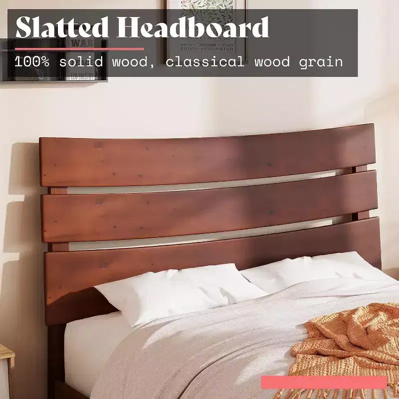 AMERLIFE Solid Wood Bed Frame with Headboard, No Box Spring Needed, Easy Assembly
