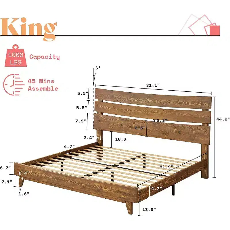 AMERLIFE Solid Wood Bed Frame with Headboard, No Box Spring Needed, Easy Assembly