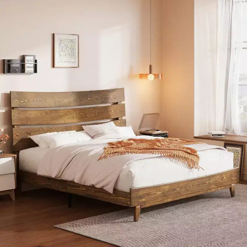 AMERLIFE Solid Wood Bed Frame with Headboard, No Box Spring Needed, Easy Assembly