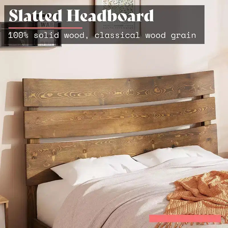 AMERLIFE Solid Wood Bed Frame with Headboard, No Box Spring Needed, Easy Assembly