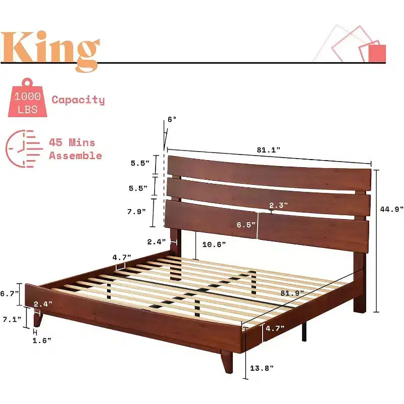 AMERLIFE Solid Wood Bed Frame with Headboard, No Box Spring Needed, Easy Assembly
