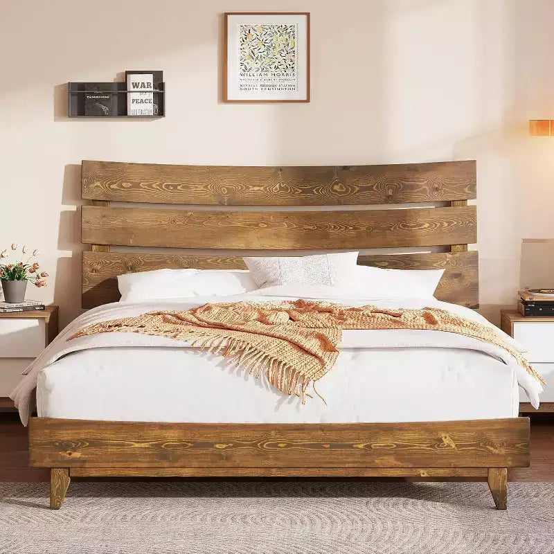 AMERLIFE Solid Wood Bed Frame with Headboard, No Box Spring Needed, Easy Assembly