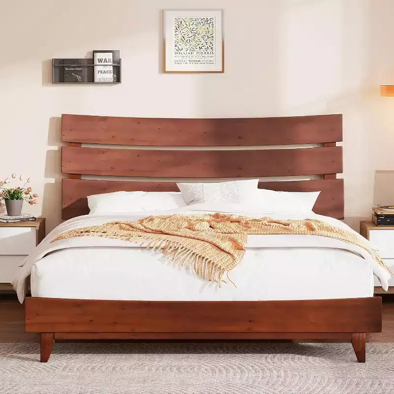 AMERLIFE Solid Wood Bed Frame with Headboard, No Box Spring Needed, Easy Assembly