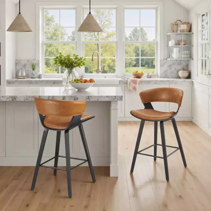 Art Leon Comfortable Faux Leather and Wood Barstool, Set of 2