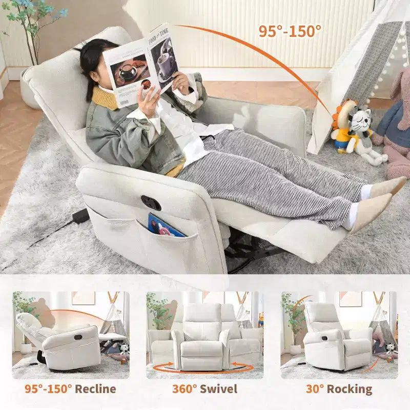Okak Rocking Recliner Chair with Side Pocket 360 Swivel Nursery Accent Chair Small Glider Chair for Living Room Bedroom Home Theater