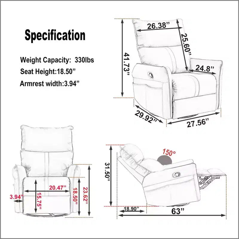 Okak Rocking Recliner Chair with Side Pocket 360 Swivel Nursery Accent Chair Small Glider Chair for Living Room Bedroom Home Theater