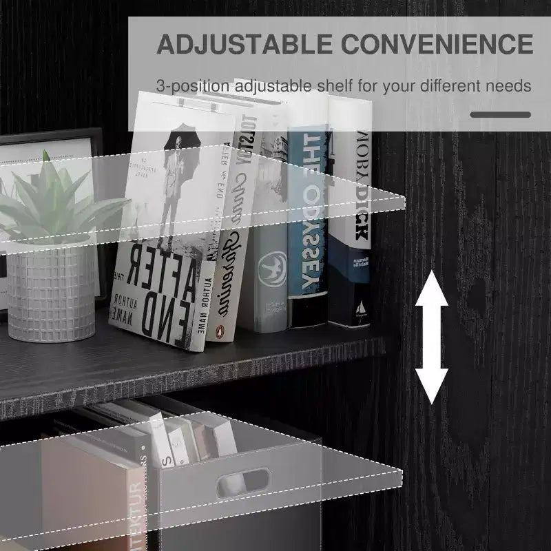 62 High Black Wood Grain Decorative Storage Cabinet with Sufficient Space for 12 Shelves