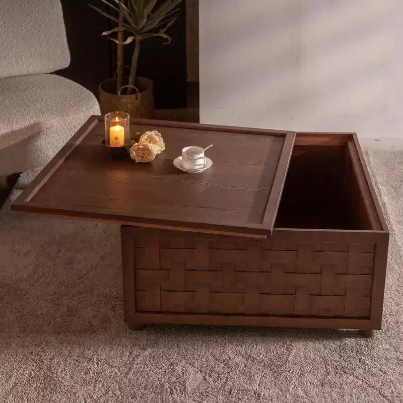 GDFStudio Bob Storage 31.5 Square Wood Coffee Table with Removable Lid and Weaving Decoration