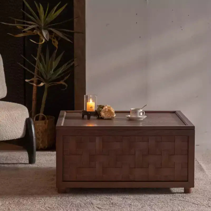 GDFStudio Bob Storage 31.5 Square Wood Coffee Table with Removable Lid and Weaving Decoration