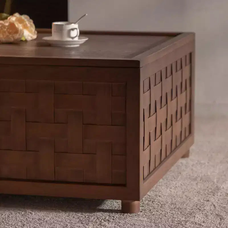 GDFStudio Bob Storage 31.5 Square Wood Coffee Table with Removable Lid and Weaving Decoration